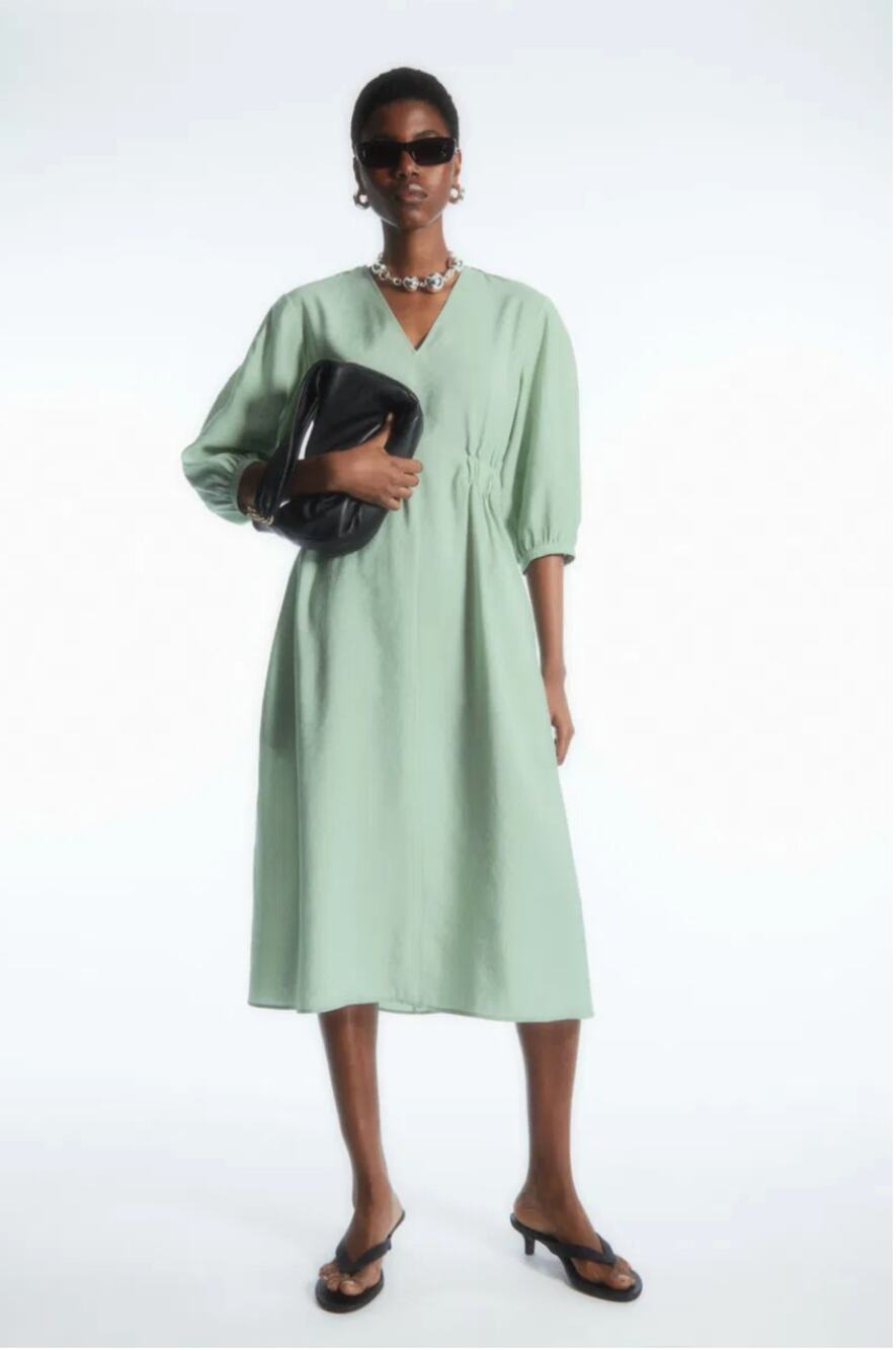 COS Voluminous 3/4 Sleeve V-Neck Green Midi Dress // 8